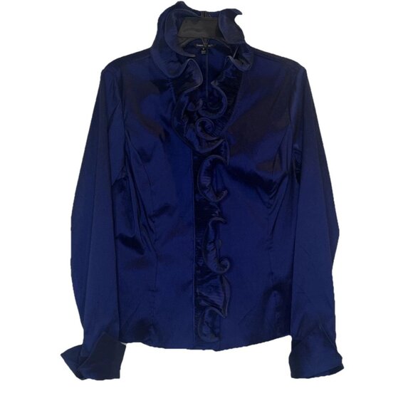 Samuel Dong Blue Taffeta Ruffled Buttoned Long Sleeve French Cuff Top Stretch M - Picture 1 of 8